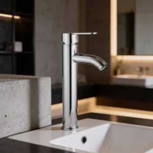 خلاط مغسلة طويل برأس دائري بتشطيب كروم مزوَّد بليات