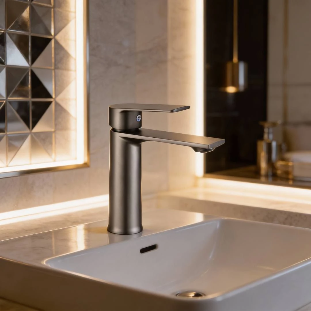 خلاط مغسلة رمادي قصير مع خراطيم