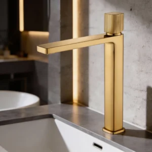 خلاط مغسلة طويل من نحاس وزنك — مودرن بلون ذهبي مطفي