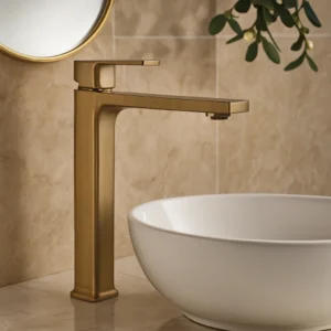 خلاط مغسلة مرتفع مربع ذهبي مطفي مع ليات
