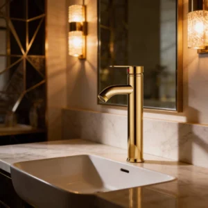 خلاط مغسلة طويل برأس دائري ذهبي مطفي مع ليّات