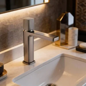 خلاط مغسلة قصير مودرن من نحاس وزنك باللون الرمادي