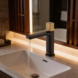 خلاط مغسلة قصير من نحاس وزنك — تصميم مودرن أسود وذهبي مطفي