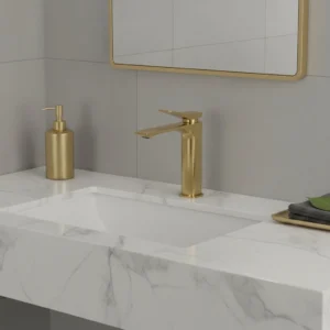 خلاط مغسلة قصير مربع بمقبض ذو فتحة، ذهبي مطفي مع ليات