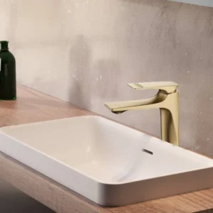 صنبور مغسلة مربع قصير بمقبض مزخرف ذهبي مطفي مع ليات