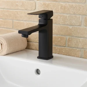 صنبور مغسلة قصير مربع أسود مع ليات و هراب