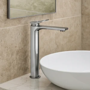 خلاط مغسلة طويل بتصميم مربع وفتحة بالمقبض — كروم مع خراطيم مرنة