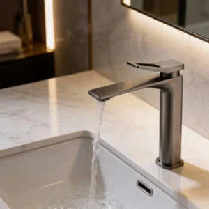 خلاط مغسلة طويل بتصميم مربع ومقبض بفتحة، رمادي مع خراطيم