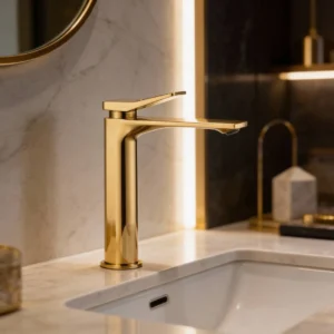 خلاط مغسلة مربع طويل بمقبض بفتحة، ذهبي مطفي مع خراطيم توصيل