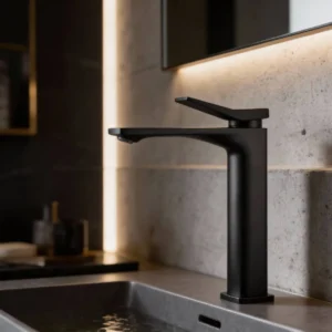 خلاط مغسلة طويل بتصميم مربع أسود بمقبض مزود بفتحة مع خراطيم