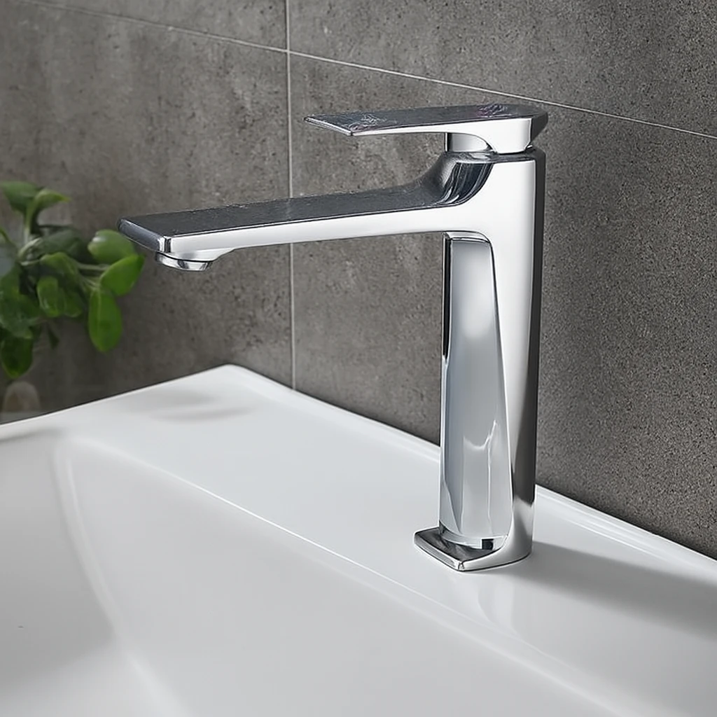 Long-neck, square-shaped washbasin mixer tap with decorative handle — chrome finish with connecting hoses