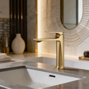 خلاط مغسلة طويل بتصميم مربع ومقبض مزخرف ذهبي مطفي مع خراطيم