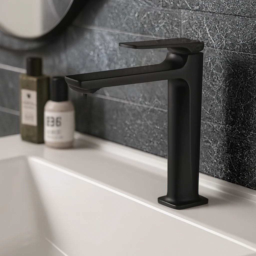 خلاط مغسلة طويل بمقابض مربعة مزخرفة باللون الأسود مع ليات
