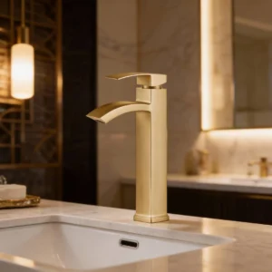 صنبور مغسلة طويل شلالي ذهبي مطفي مع ليات