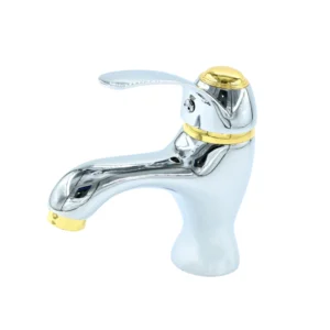 خلاط مغسلة بقاعدة ثابتة ثنائي اللون (كروم وذهبي) — تصميم عصري ومقاوم للصدأ | Sanitary