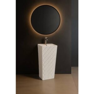 مغسلة حمام حديثة مستطيلة الشكل بتصميم على شكل برميل، باللون الأبيض