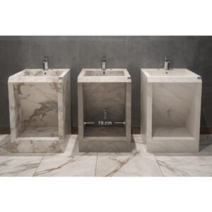 مغسلة ووُضوء رخامية بحوض مفرد — بيج بعروق سوداء وذهبية