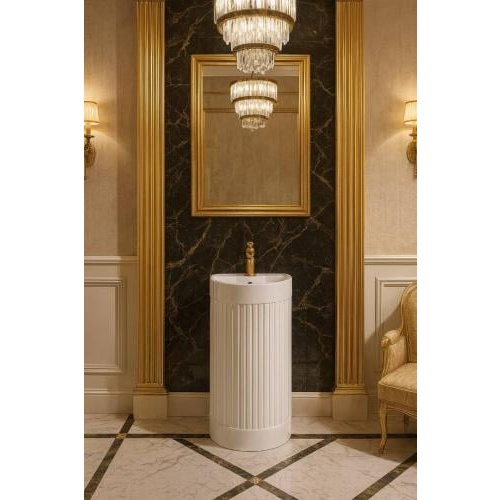 مغسلة حمام بيضاء بتصميم أسطواني عصري