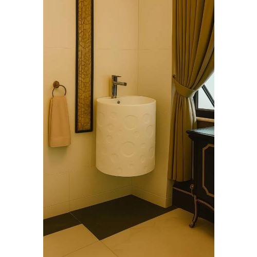 مغسلة حائطية سيراميكية دائرية بتصميم حديث - أبيض