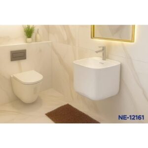 مغسلة حائطية سيراميكية مربعة بتصميم عصري — أبيض