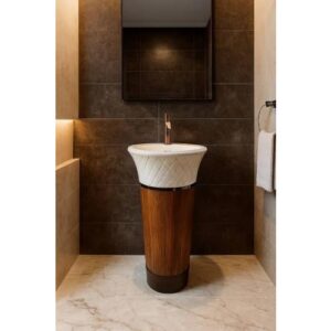 مغسلة حمام مودرن على شكل برميل — خشبي وأبيض