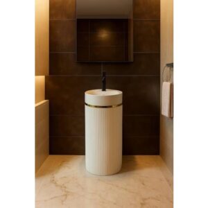 مغسلة حمام ذات تصميم برميل حديث وحوض مدمج — أبيض