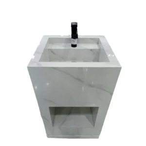 مغسلة أرضية سيراميكية بنقشة رخامية مع حوض مدمج ورف سفلي — مناسبة للحمامات