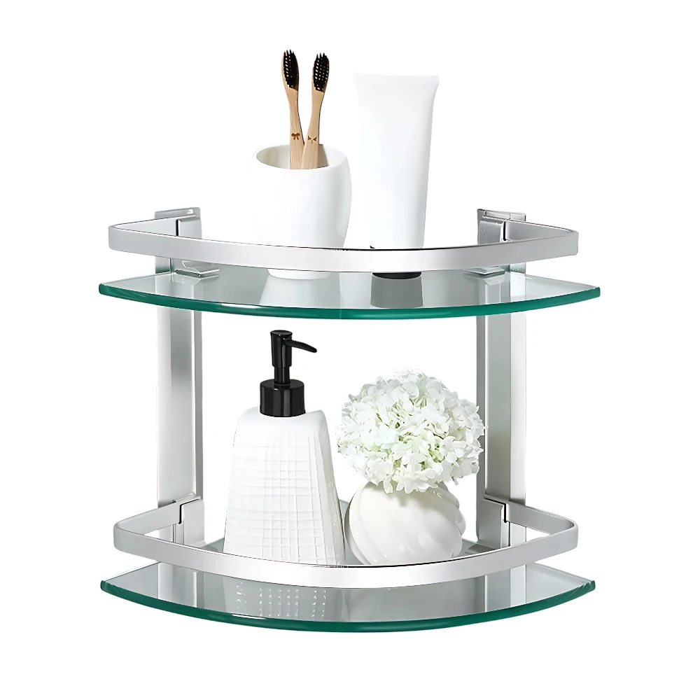 Glass shelf with aluminum frame (two tiers) for organizing bathroom accessories — lightweight and durable