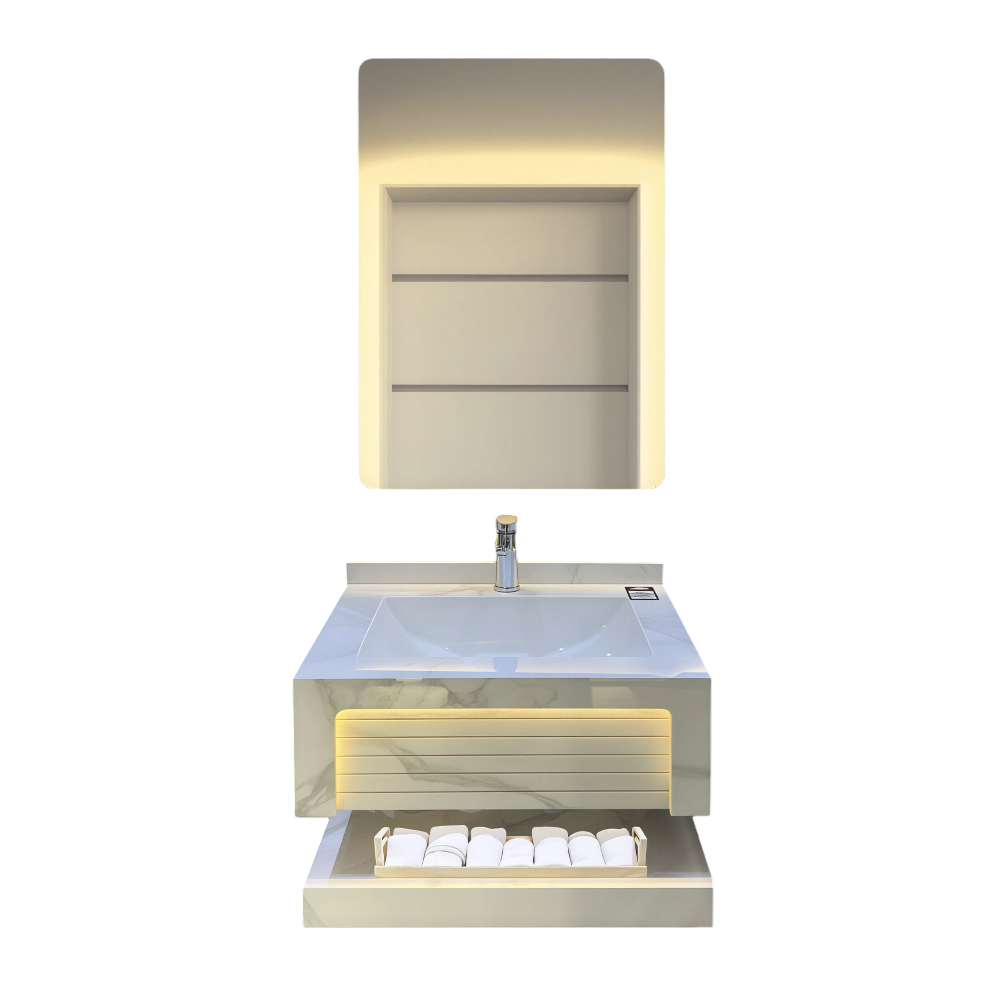 White porcelain washbasin with gray veins and internal lighting — suitable for modern bathrooms, 60 cm wide