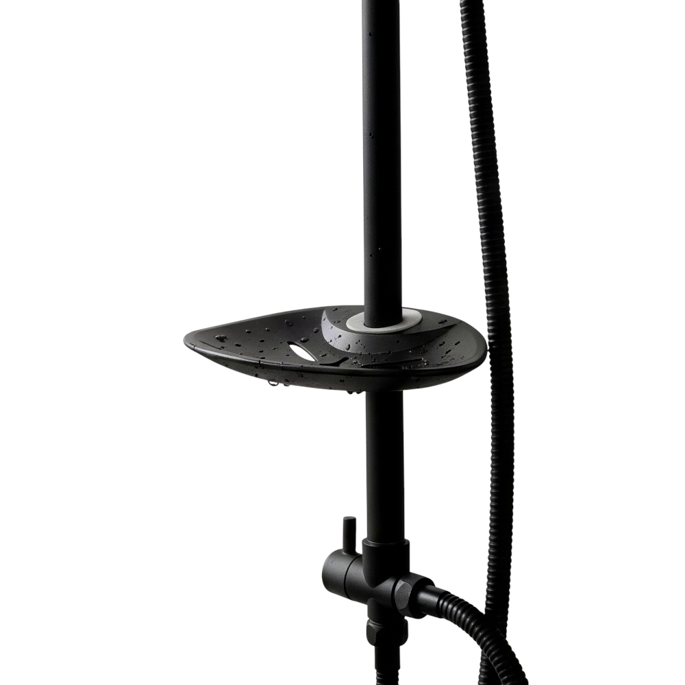 Shower with a shiny chrome column, sliding bar, and soap holder.