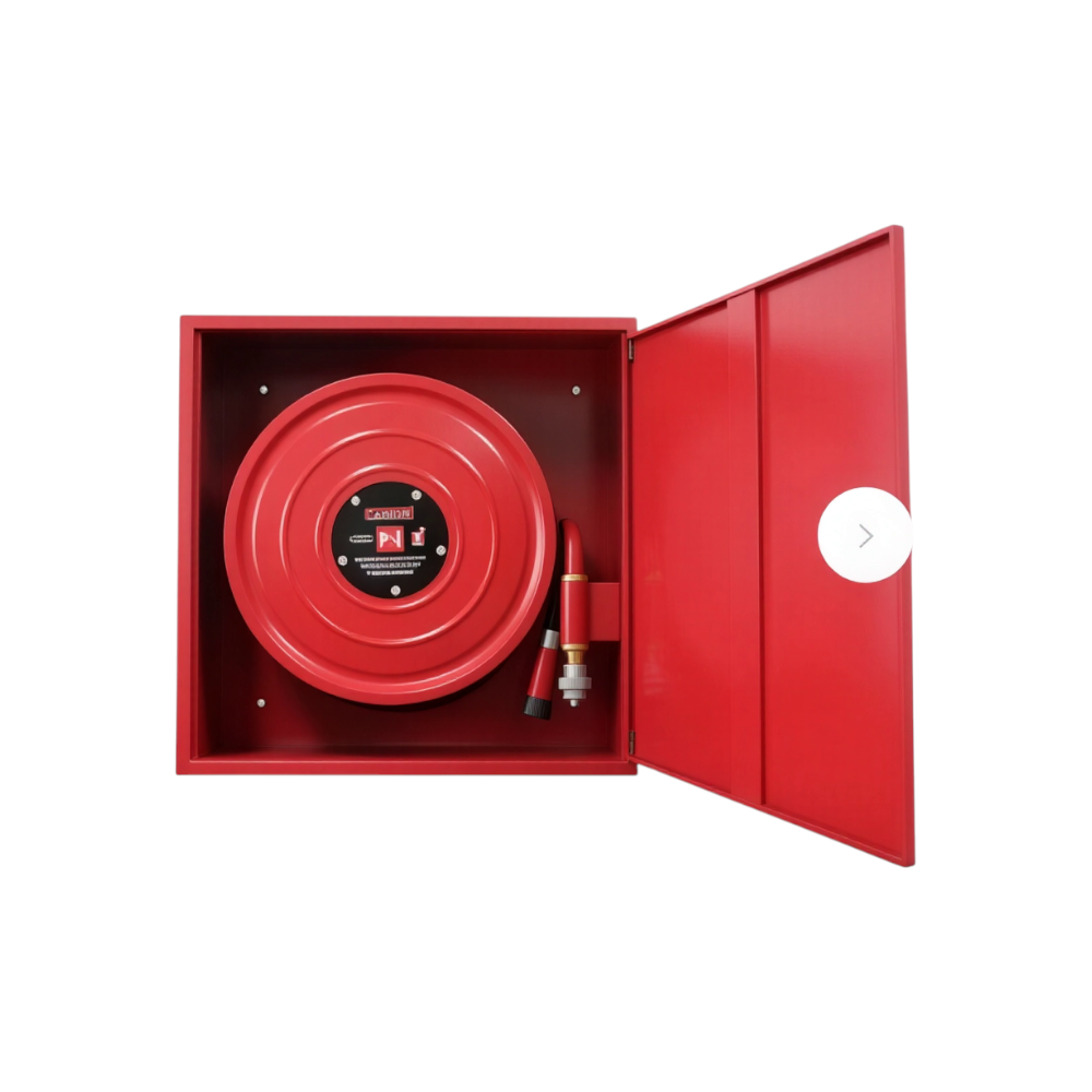 Red fire hose box for in-wall mounting — sturdy steel frame from Watani