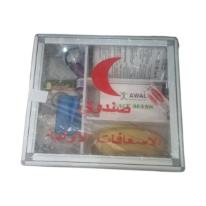 علبة إسعافات أولية معدنية مع مستلزمات طبية طارئة للاستخدام المنزلي والمكتبي – MAF بغطاء زجاجي أنيق ومنظم