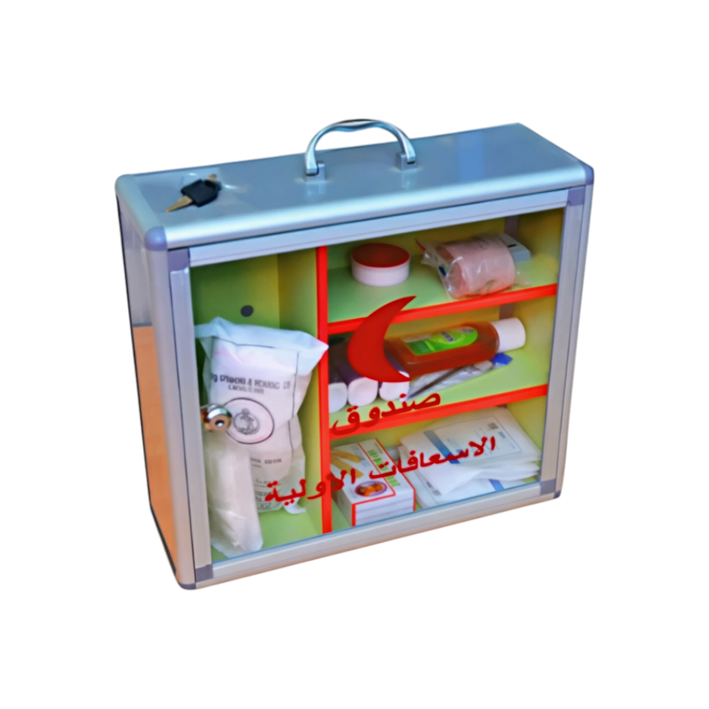 خزانة إسعافات أولية جدارية بمقصورات شفافة، قفل حماية ومقبض — تنظيم آمن للمستلزمات الطبية في الأماكن العامة والطوارئ