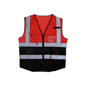 سترة سلامة عاكسة ثنائية اللون (أحمر/أسود) — حماية مهنية للرؤية العالية مع جيوب متعددة وسحّاب متين