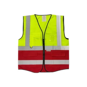 High-visibility yellow and orange safety vest with reflective strips and multiple pockets — personal protective equipment for work sites