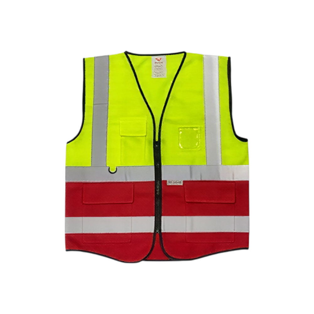 سترة أمان عالية الرؤية باللونين الأصفر والبرتقالي مع شرائط عاكسة وجيوب متعددة — معدات حماية شخصية لمواقع العمل