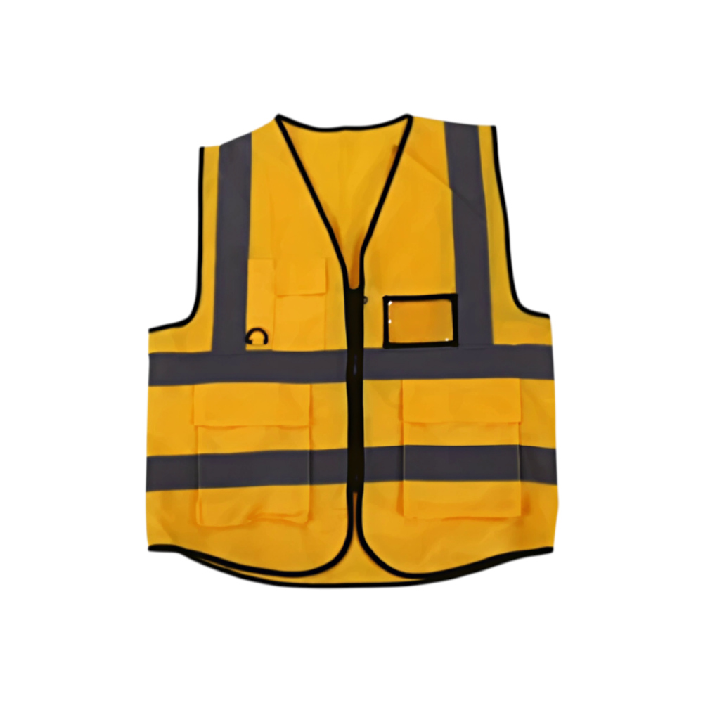 سترة سلامة برتقالية مع شرائط عاكسة — معدات وقاية شخصية بوضوح عالٍ وتصميم عملي متعدد الجيوب