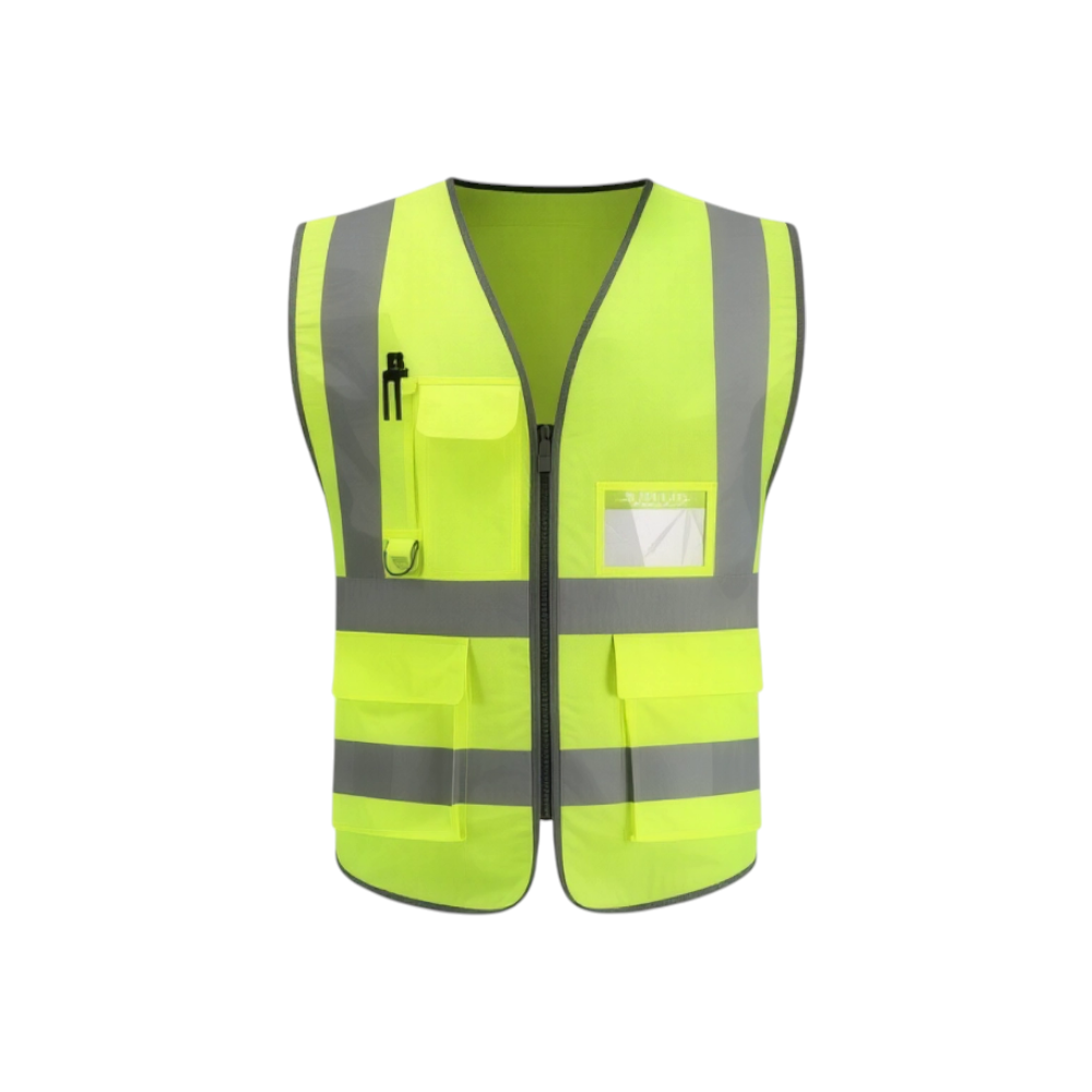 سترة سلامة شبكية صفراء للمهندسين — معدات وقاية شخصية بتهوية عالية، شرائط عاكسة وجيوب تنظيمية