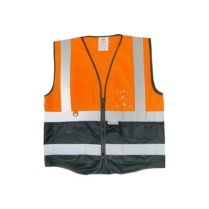 سترة سلامة عاكسة برتقالية–سوداء بتباين لوني عالي، خامة متينة وجيوب متعددة — معدات حماية شخصية للعاملين