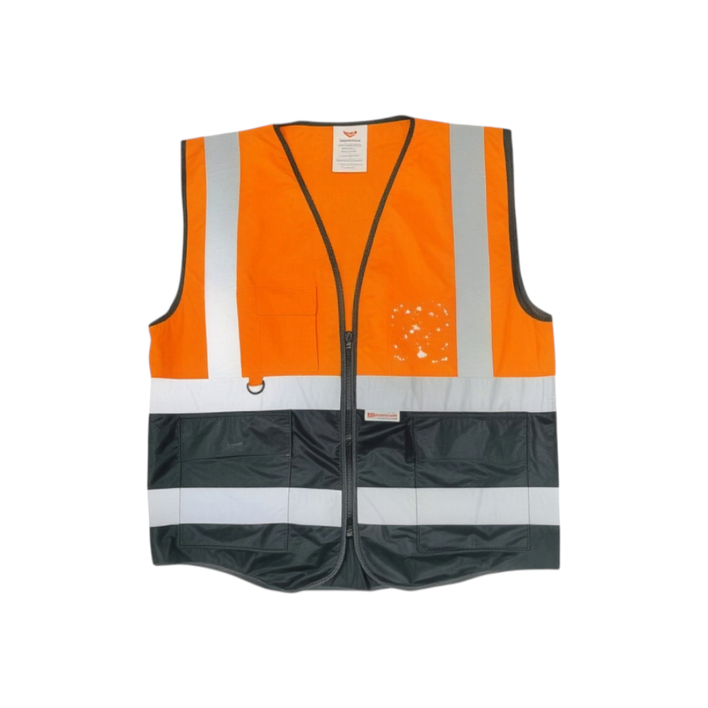سترة سلامة عاكسة برتقالية–سوداء بتباين لوني عالي، خامة متينة وجيوب متعددة — معدات حماية شخصية للعاملين