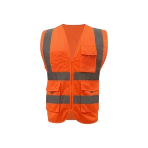 سترة أمان شبكية برتقالية بخطوط عاكسة — تهوية عالية وخفيفة الوزن، متعددة الجيوب