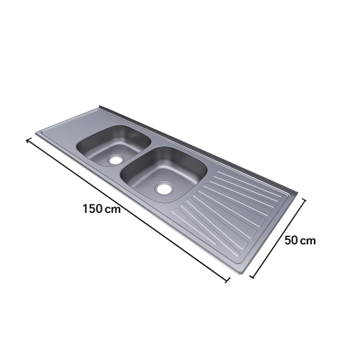 حوض مطبخ مزدوج من ستانلس ستيل 201 مع صينية تصريف — 150×50 سم