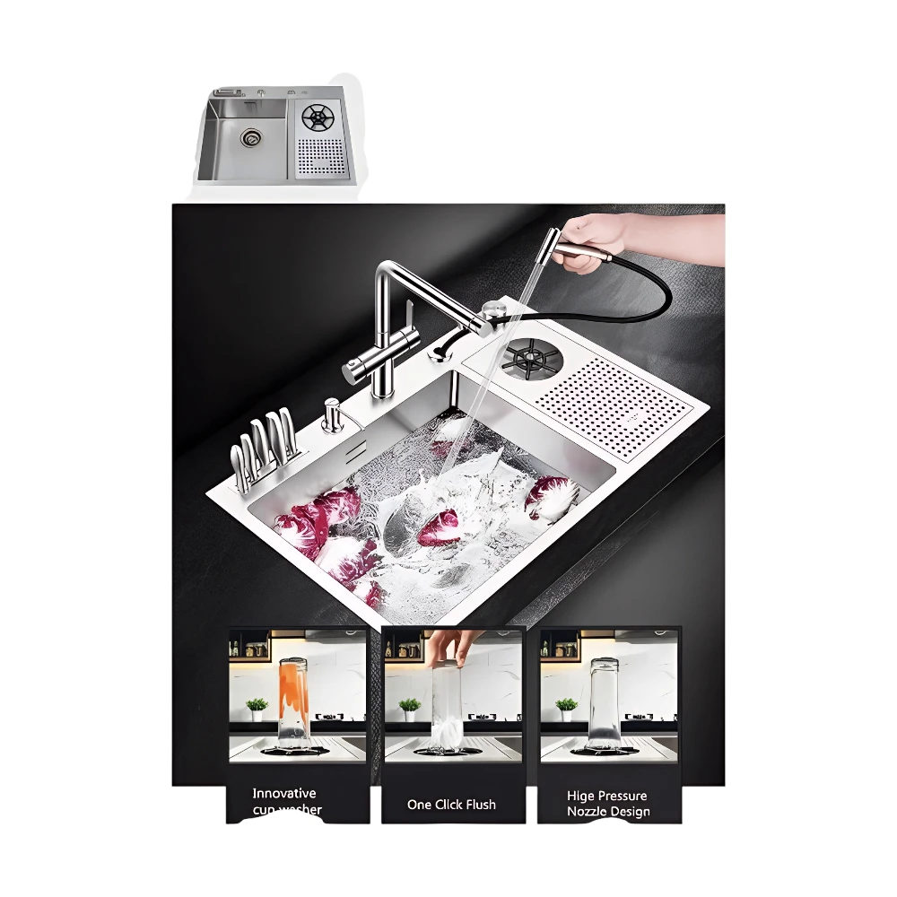 مغسلة مطبخ ستانلس ستيل 304 — حوض واحد مع مضخة لغسيل الكاسات، تصميم عملي لليوميات والمطابخ العصرية