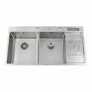 مغسلة مطبخ ستانلس ستيل درجة 304، ثنائي الحوض (100×50 سم) — تصميم مودرن للاستخدام اليومي المكثف مع ملحقات متعددة
