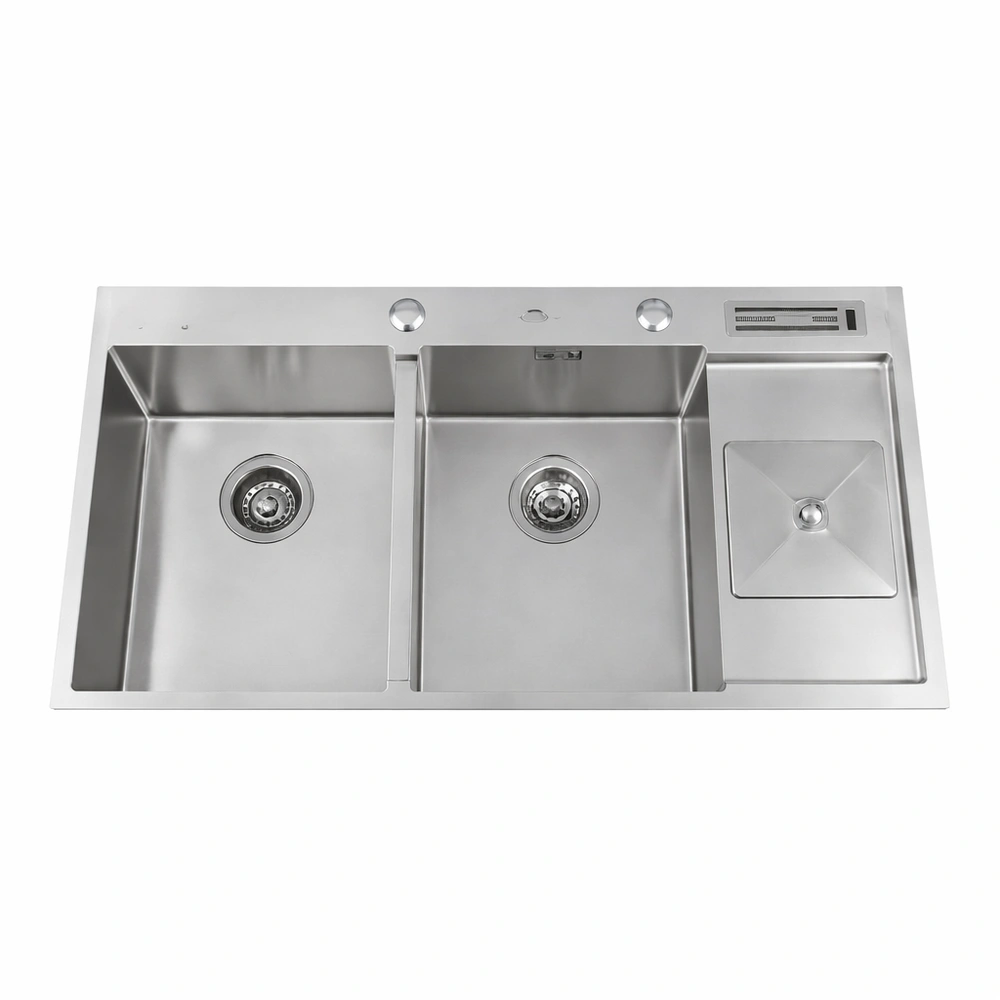 مغسلة مطبخ ستانلس ستيل درجة 304، ثنائي الحوض (100×50 سم) — تصميم مودرن للاستخدام اليومي المكثف مع ملحقات متعددة