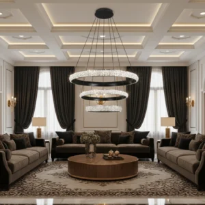 نجف مودرن أسود بإضاءة صفراء — مقاسات 40+60+80 سم، 75 واط