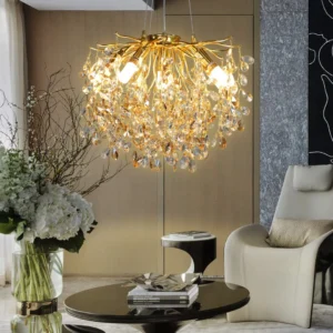 نجف مودرن قطر 45 سم — ذهبي وعسلي مع أجزاء شفافة، 6 لمبات E14