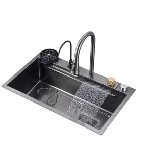 حوض مجلى استانلس ستيل بتقنية النانو باللون الأسود 48×75 – تصميم شلال واحد عصري، مقاوم للخدوش والبصمات | SINDBAD لمسة فاخرة