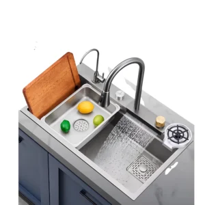 مجلى ستانلس ستيل بتقنية النانو لون فضي 48×75 — تصميم شلال فردي عصري، مقاوم للخدوش والبصمات | SINDBAD أنيق وعملي