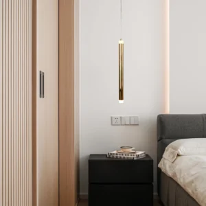 Modern gold chandelier with one 5W bulb — yellow light